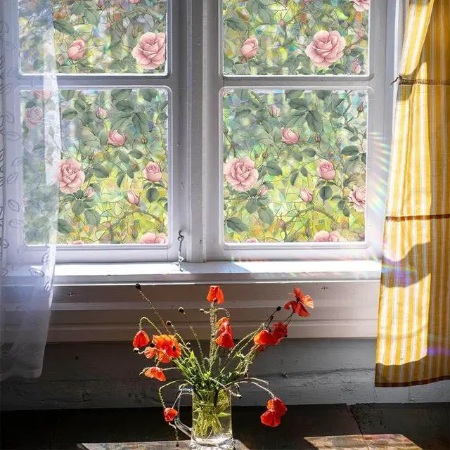 Alt view image 5 of 6 - JOONOR Retro Pink Rose Flowers Window Privacy Film,3D Stained Glass Rose Rainbow Window Decals,Non-Adhesive Static Cling Sticker for Home Office,16.93 x 39.37 Inch
