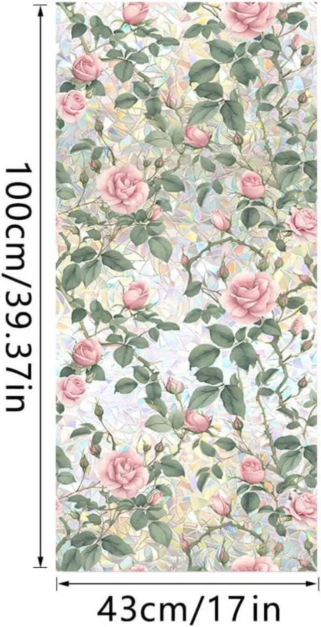 Alt view image 6 of 6 - JOONOR Retro Pink Rose Flowers Window Privacy Film,3D Stained Glass Rose Rainbow Window Decals,Non-Adhesive Static Cling Sticker for Home Office,16.93 x 39.37 Inch