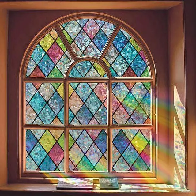 Main image of Stained Glass Window Film, 3D Rainbow Static Cling 17.5" x 78.7" | Decorative Window Privacy Stickers, Colorful Decals, UV Blocking Removable Non-Adhesive Coverings for Home Door Bathroom