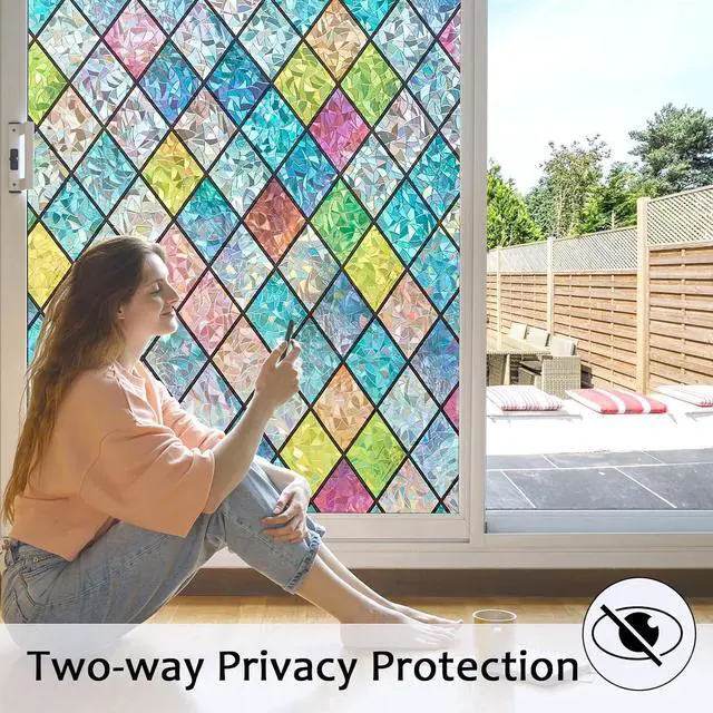 Alt view image 3 of 7 - Stained Glass Window Film, 3D Rainbow Static Cling 17.5" x 78.7" | Decorative Window Privacy Stickers, Colorful Decals, UV Blocking Removable Non-Adhesive Coverings for Home Door Bathroom