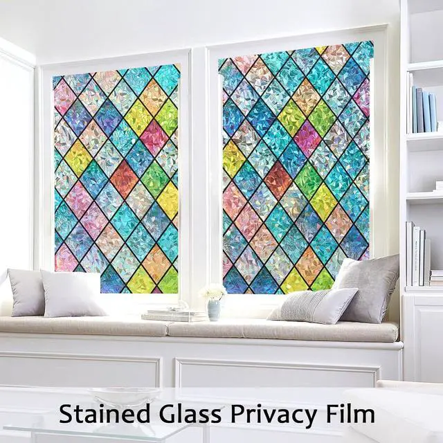 Alt view image 4 of 7 - Stained Glass Window Film, 3D Rainbow Static Cling 17.5" x 78.7" | Decorative Window Privacy Stickers, Colorful Decals, UV Blocking Removable Non-Adhesive Coverings for Home Door Bathroom