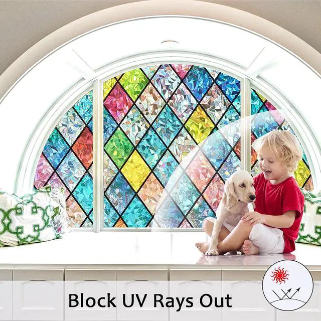 Alt view image 5 of 7 - Stained Glass Window Film, 3D Rainbow Static Cling 17.5" x 78.7" | Decorative Window Privacy Stickers, Colorful Decals, UV Blocking Removable Non-Adhesive Coverings for Home Door Bathroom