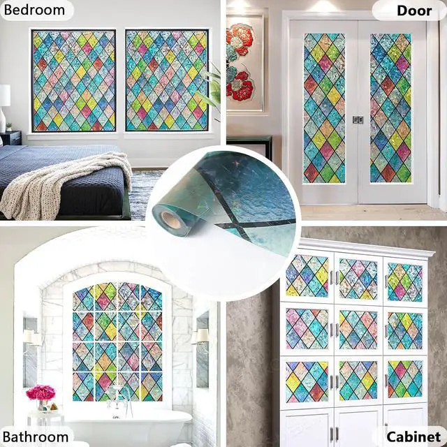 Alt view image 6 of 7 - Stained Glass Window Film, 3D Rainbow Static Cling 17.5" x 78.7" | Decorative Window Privacy Stickers, Colorful Decals, UV Blocking Removable Non-Adhesive Coverings for Home Door Bathroom