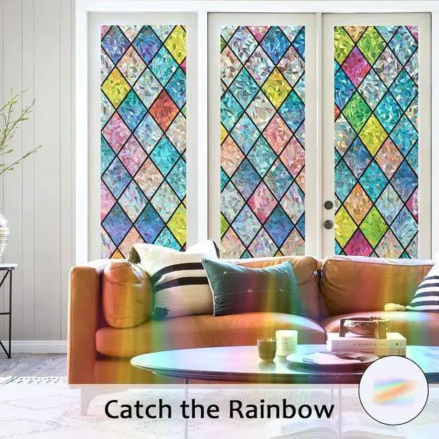 Alt view image 2 of 7 - Stained Glass Window Film, 3D Rainbow Static Cling 17.5" x 78.7" | Decorative Window Privacy Stickers, Colorful Decals, UV Blocking Removable Non-Adhesive Coverings for Home Door Bathroom