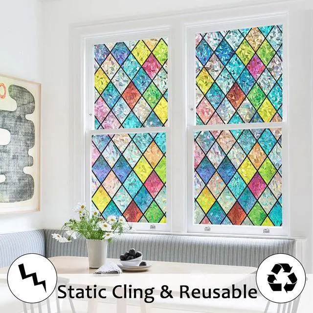 Alt view image 7 of 7 - Stained Glass Window Film, 3D Rainbow Static Cling 17.5" x 78.7" | Decorative Window Privacy Stickers, Colorful Decals, UV Blocking Removable Non-Adhesive Coverings for Home Door Bathroom