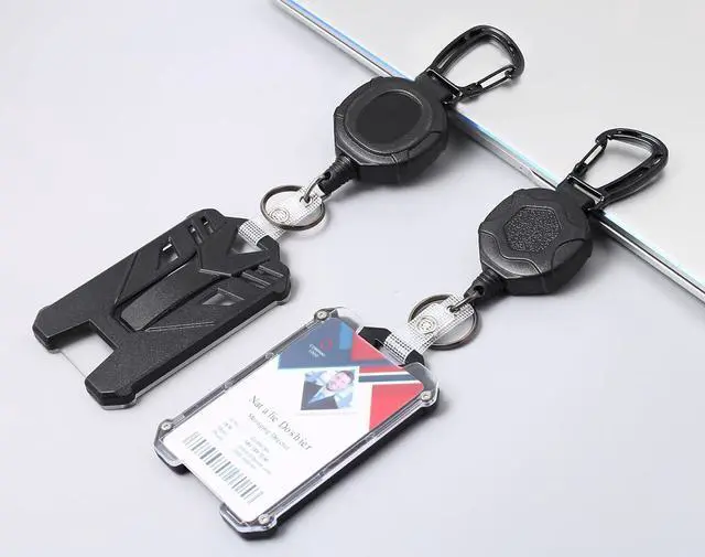 Alt view image 2 of 7 - Badge Holder Retractable Clip Heavy Duty Carabiner Badge Reel Keychain with Id Cards Holder Cool Tactical ID Holder (2 Holders and 2 Badge Reels Black # 03)