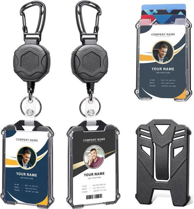 Main image of Badge Holder Retractable Clip Heavy Duty Carabiner Badge Reel Keychain with Id Cards Holder Cool Tactical ID Holder (2 Holders and 2 Badge Reels Black # 03)