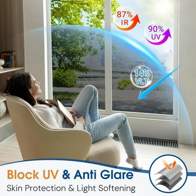 Alt view image 3 of 7 - Homein Window Tint for Home with Tools, One Way Window Film, Black Silver | UV Heat Blocking, See Out Not in, Static Cling, Daytime Mirror Reflective Covering for Home Office, 17.5" x 78.7"