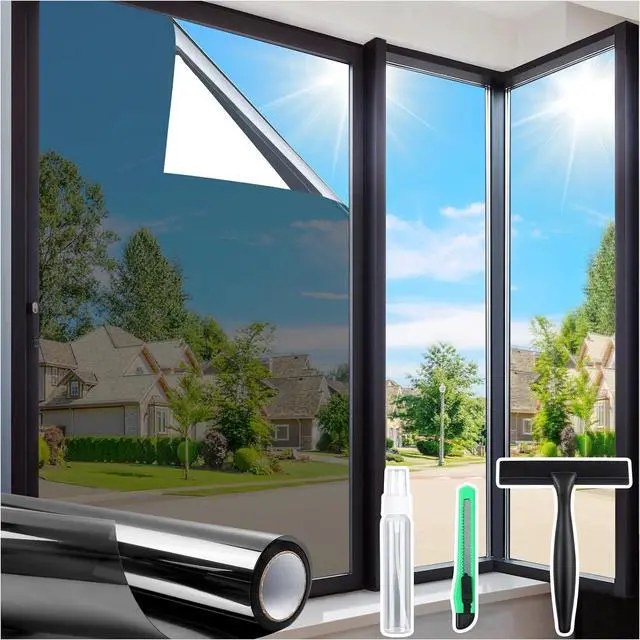 Main image of Homein Window Tint for Home with Tools, One Way Window Film, Black Silver | UV Heat Blocking, See Out Not in, Static Cling, Daytime Mirror Reflective Covering for Home Office, 17.5" x 78.7"