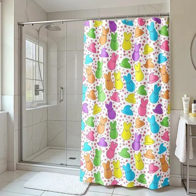 Main image of Easter Shower Curtain - 72x72 Inches | Festive Bunny Spring Bathroom Decor, Waterproof Fabric with Hooks for Practical Holiday Home Celebration