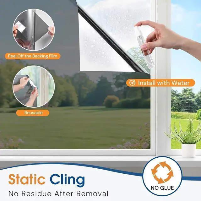 Alt view image 7 of 7 - Homein Window Tint for Home with Tools, One Way Window Film, Black Silver | UV Heat Blocking, See Out Not in, Static Cling, Daytime Mirror Reflective Covering for Home Office, 17.5" x 78.7"