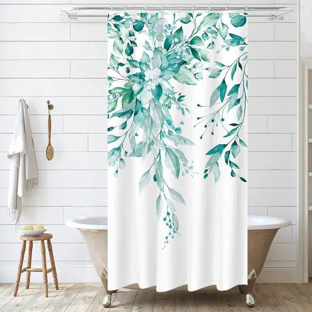 Main image of Tititex Teal Eucalyptus Shower Curtain Sets, Watercolor Turquoise Leaves on The Top Plant with Floral Bathroom Decoration 36x72 Inch with Hooks