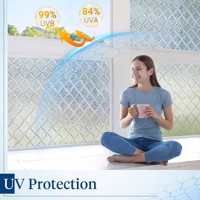 Alt view image 7 of 7 - Haton Window Privacy Film, Decorative Frosted Film, Lattice 17.5" x 78.7" | Static Cling Removable Stained Glass Clings, UV & Heat Blocking Anti-Glare, 3D Sticker for Home Office Front Door Bathroom