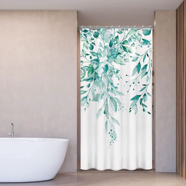 Alt view image 2 of 7 - Tititex Teal Eucalyptus Shower Curtain Sets, Watercolor Turquoise Leaves on The Top Plant with Floral Bathroom Decoration 36x72 Inch with Hooks