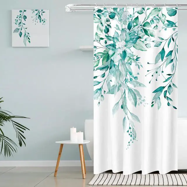 Alt view image 3 of 7 - Tititex Teal Eucalyptus Shower Curtain Sets, Watercolor Turquoise Leaves on The Top Plant with Floral Bathroom Decoration 36x72 Inch with Hooks