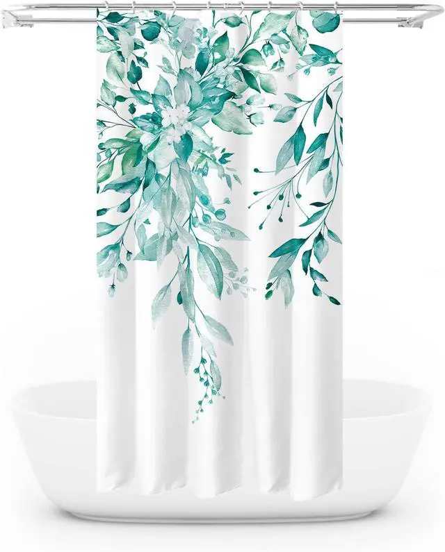 Alt view image 4 of 7 - Tititex Teal Eucalyptus Shower Curtain Sets, Watercolor Turquoise Leaves on The Top Plant with Floral Bathroom Decoration 36x72 Inch with Hooks