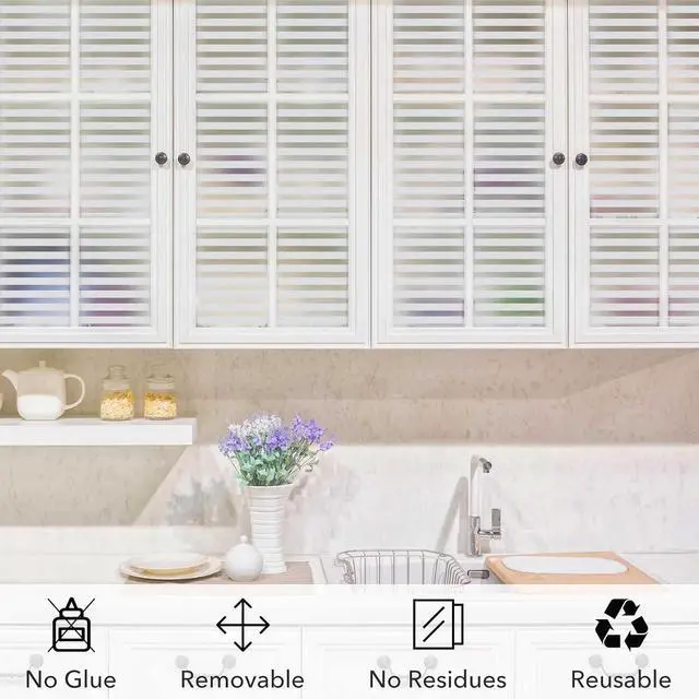 Alt view image 5 of 7 - VSUDO Window Privacy Film Frosted Stripe Static Cling Window Film for Glass, Semi-Private Decorative Tint for Office, Door, Home Use, No Glue Removable Design, 17.5" by 78.7"