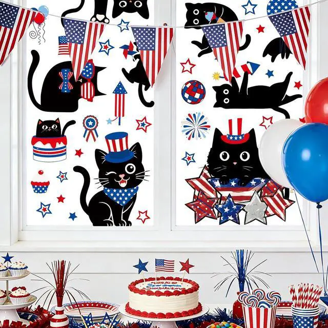 Alt view image 3 of 7 - Whaline 6 Sheets Patriotic Window Clings 4th of July Black Cat American Star Window Decal Reusable Anti-Collision Glass Sticker for Independence Day Memorial Day Party Supplies