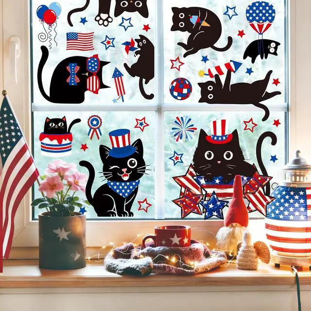 Alt view image 2 of 7 - Whaline 6 Sheets Patriotic Window Clings 4th of July Black Cat American Star Window Decal Reusable Anti-Collision Glass Sticker for Independence Day Memorial Day Party Supplies
