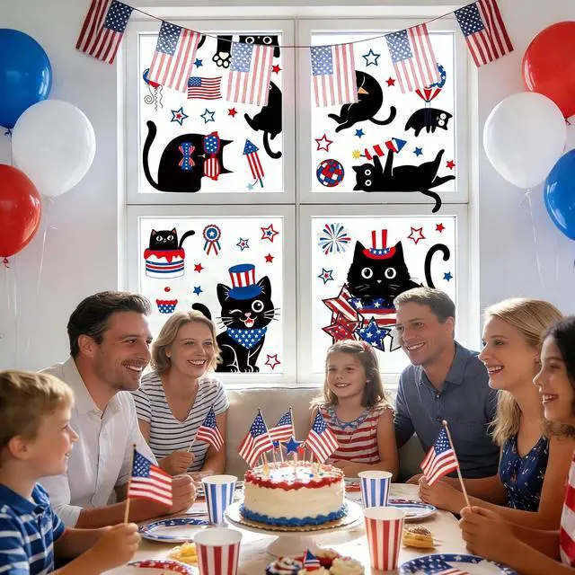 Alt view image 4 of 7 - Whaline 6 Sheets Patriotic Window Clings 4th of July Black Cat American Star Window Decal Reusable Anti-Collision Glass Sticker for Independence Day Memorial Day Party Supplies
