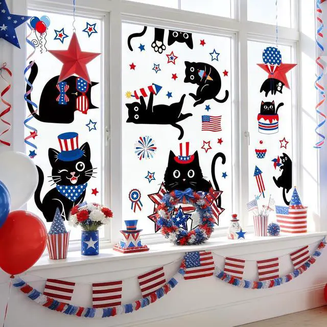 Alt view image 6 of 7 - Whaline 6 Sheets Patriotic Window Clings 4th of July Black Cat American Star Window Decal Reusable Anti-Collision Glass Sticker for Independence Day Memorial Day Party Supplies