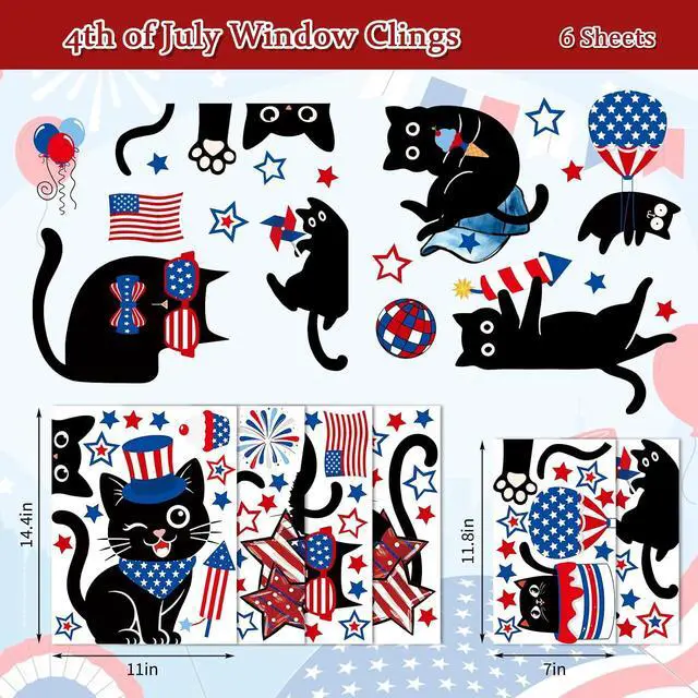 Alt view image 5 of 7 - Whaline 6 Sheets Patriotic Window Clings 4th of July Black Cat American Star Window Decal Reusable Anti-Collision Glass Sticker for Independence Day Memorial Day Party Supplies
