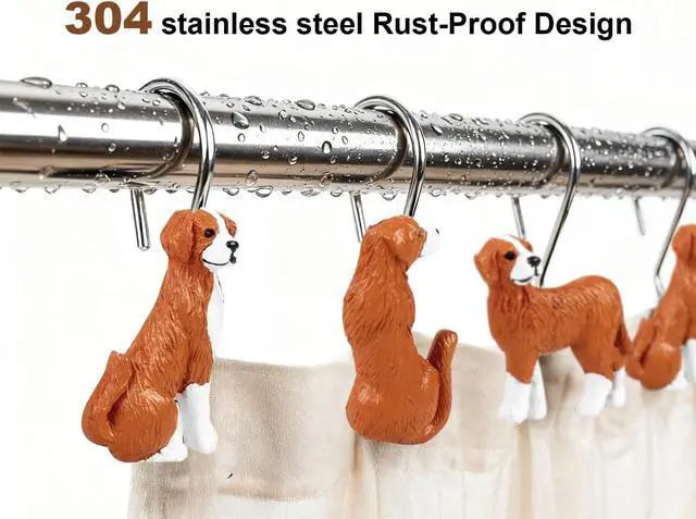 Alt view image 5 of 7 - Dog Shower Curtain Hooks Set of 12, Hand-Painted Resin Dog Shower Hooks with Rust-Resistant Metal Rings, Decorative Bathroom Accessories