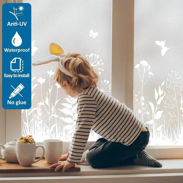 Alt view image 5 of 7 - Frosted Glass Window Privacy Film Floral Pattern, 17.7"x78.7" | Decorative Privacy Film With Static Cling No Glue Installation, Light Filtering, UV Protection for Home, Bathroom and Office