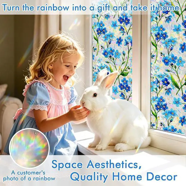 Alt view image 3 of 7 - SOMWISE Rainbow Stained Glass Window Privacy Film,Heat Blocking Decor Cling | Static Cling & Removable, UV & Sun Blocking Anti-Glare, Renter Friendly for Front Door & Bathroom, Easy to Cut, 17.5x78.5