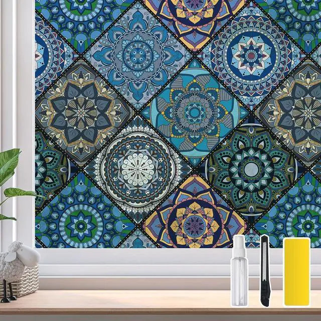 Main image of DKTIE Bathroom Window Privacy Film Decorative Films, Get Privacy While Still Letting Light Into Room, Included Tools Easy to Install, Static Cling Renter Frendly (B110-Blue, 17.7" x 78.7")