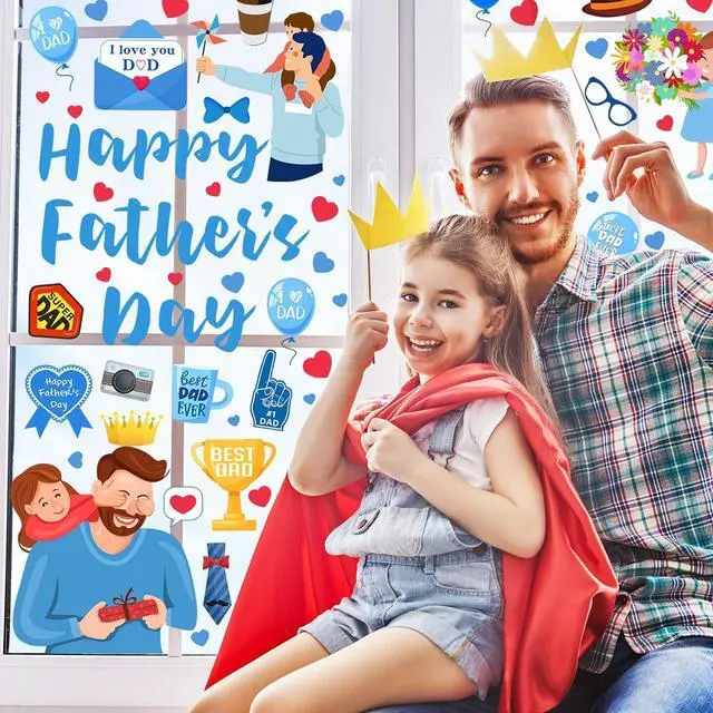 Alt view image 3 of 7 - Whaline 6 Sheets Father's Day Window Clings Happy Father's Day Best Dad I Love Dad Window Stickers Flowers Balloons Heart Double-Sided Windows Decals for Dad's Day Party Home Decorations Supplies