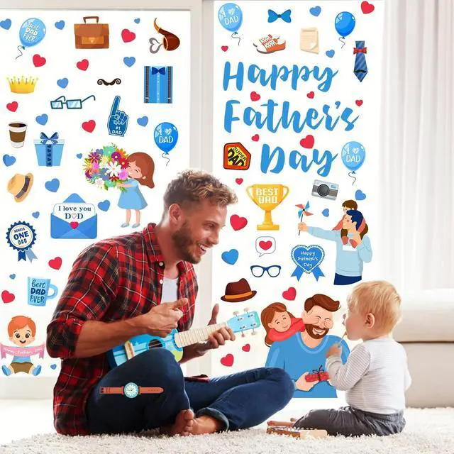Alt view image 2 of 7 - Whaline 6 Sheets Father's Day Window Clings Happy Father's Day Best Dad I Love Dad Window Stickers Flowers Balloons Heart Double-Sided Windows Decals for Dad's Day Party Home Decorations Supplies