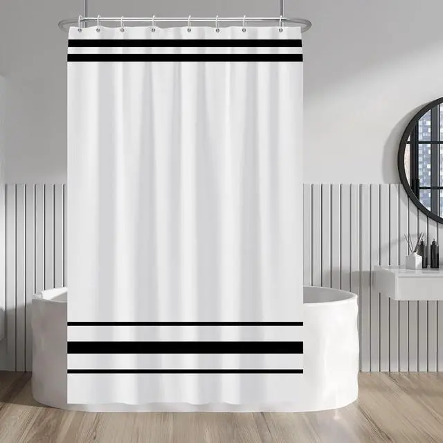 Alt view image 3 of 7 - Baocicoo Striped Shower Curtain for Bathroom Minimalism Style Shower Curtain Set Black and White Stripes Shower Curtains Dormitory Cubicle Waterproof Fabric Shower Curtain with Hooks 48x72 Inches