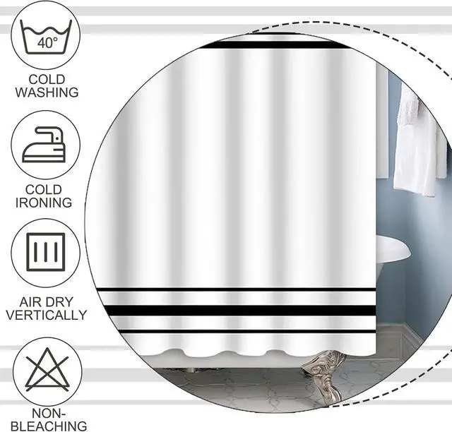 Alt view image 4 of 7 - Baocicoo Striped Shower Curtain for Bathroom Minimalism Style Shower Curtain Set Black and White Stripes Shower Curtains Dormitory Cubicle Waterproof Fabric Shower Curtain with Hooks 48x72 Inches