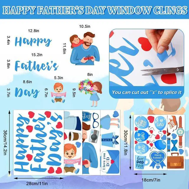 Alt view image 5 of 7 - Whaline 6 Sheets Father's Day Window Clings Happy Father's Day Best Dad I Love Dad Window Stickers Flowers Balloons Heart Double-Sided Windows Decals for Dad's Day Party Home Decorations Supplies