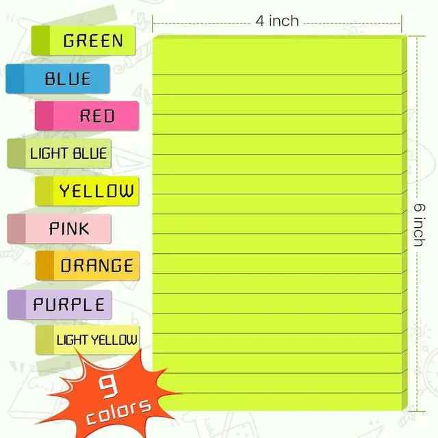 Alt view image 2 of 7 - (18 Pads) Lined Sticky Notes 4x6 in Post, 9 Bright Colors | School Supplies and Oce Supplies, Super Sticky Self-Stick Pads, Recyclable, Easy to Post for Home, Office, School