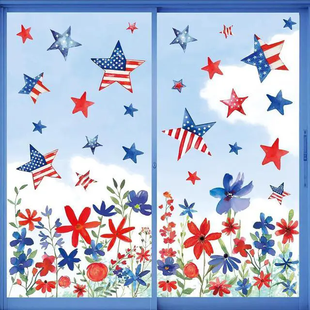 Main image of Whaline 6 Sheets Patriotic Window Clings 4th of July Red Blue USA Star Flower Floral Reusable Window Glass Decals for 250th Anniversary Independence Day Memorial Day Home Party Decor