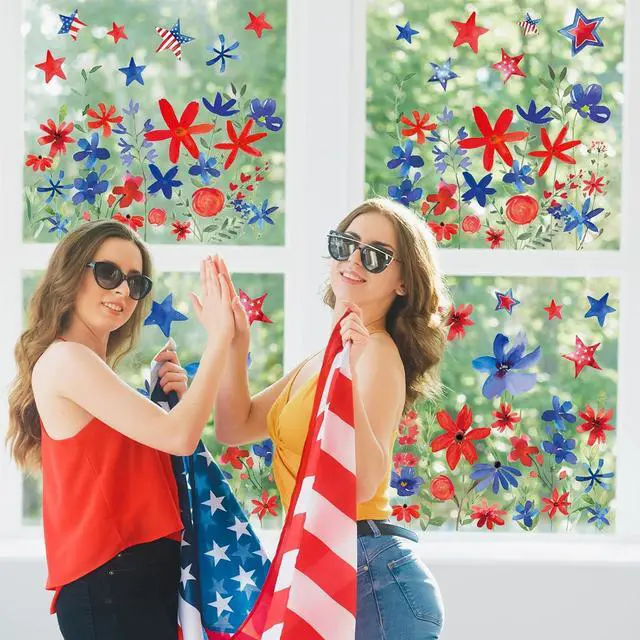 Alt view image 2 of 7 - Whaline 6 Sheets Patriotic Window Clings 4th of July Red Blue USA Star Flower Floral Reusable Window Glass Decals for 250th Anniversary Independence Day Memorial Day Home Party Decor