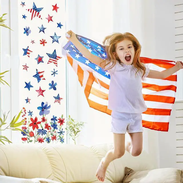 Alt view image 3 of 7 - Whaline 6 Sheets Patriotic Window Clings 4th of July Red Blue USA Star Flower Floral Reusable Window Glass Decals for 250th Anniversary Independence Day Memorial Day Home Party Decor