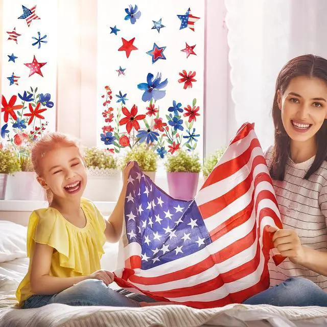 Alt view image 4 of 7 - Whaline 6 Sheets Patriotic Window Clings 4th of July Red Blue USA Star Flower Floral Reusable Window Glass Decals for 250th Anniversary Independence Day Memorial Day Home Party Decor