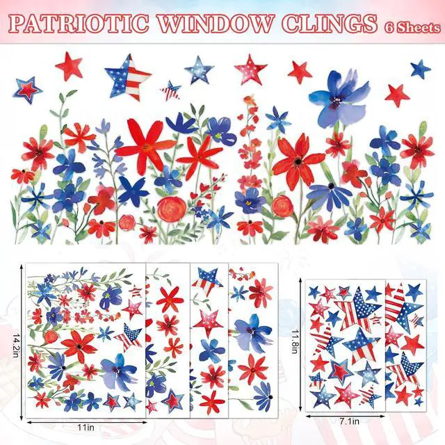 Alt view image 5 of 7 - Whaline 6 Sheets Patriotic Window Clings 4th of July Red Blue USA Star Flower Floral Reusable Window Glass Decals for 250th Anniversary Independence Day Memorial Day Home Party Decor