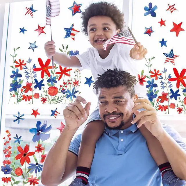 Alt view image 6 of 7 - Whaline 6 Sheets Patriotic Window Clings 4th of July Red Blue USA Star Flower Floral Reusable Window Glass Decals for 250th Anniversary Independence Day Memorial Day Home Party Decor