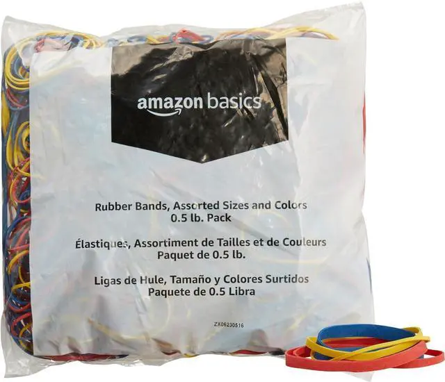 Main image of Amazon Basics Assorted Size and Color Rubber Bands, Strong Elastic Stretch Office Supplies, 0.5 lb. Variety Assortment