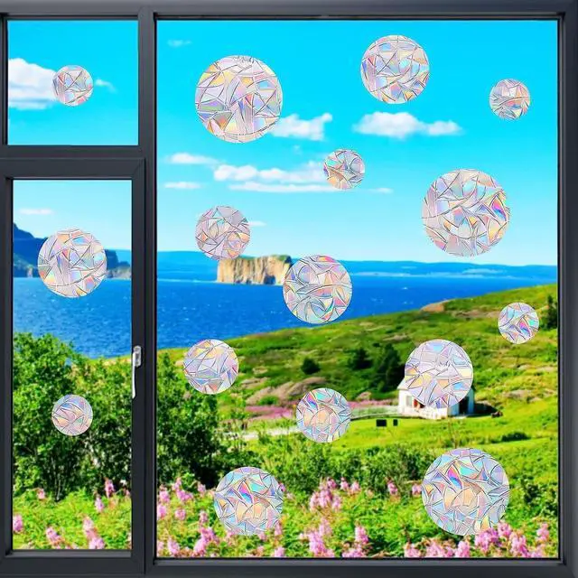 Alt view image 2 of 7 - 36PCS Circle Window Clings - Anti-Collision Window Decals to Save Birds from Window Collisions,Non Adhesive Prismatic Vinyl Window Clings, Rainbow Stickers