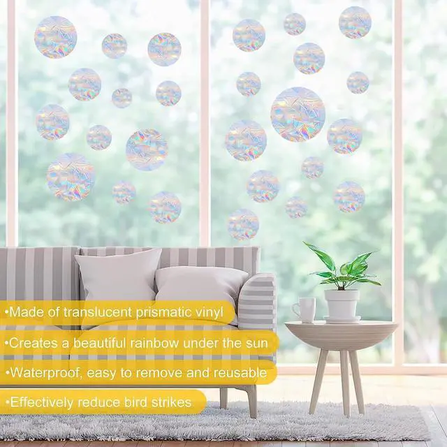 Alt view image 4 of 7 - 36PCS Circle Window Clings - Anti-Collision Window Decals to Save Birds from Window Collisions,Non Adhesive Prismatic Vinyl Window Clings, Rainbow Stickers