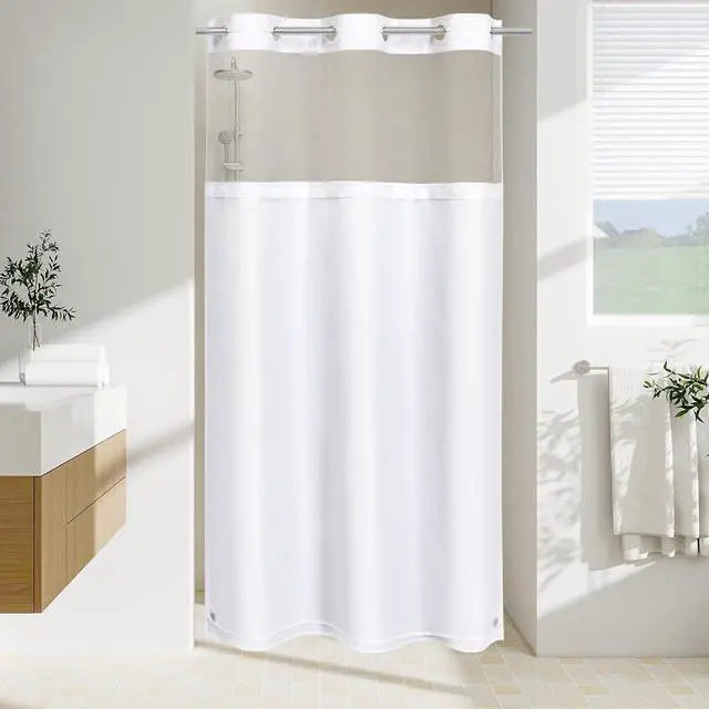 Main image of Gibelle White Fabric Snap in Shower Curtain Liner Replacement Fitted for No Hook Shower Curtain, Water Repellent Liner for Bathroom 34x54 Inch 1 Pack