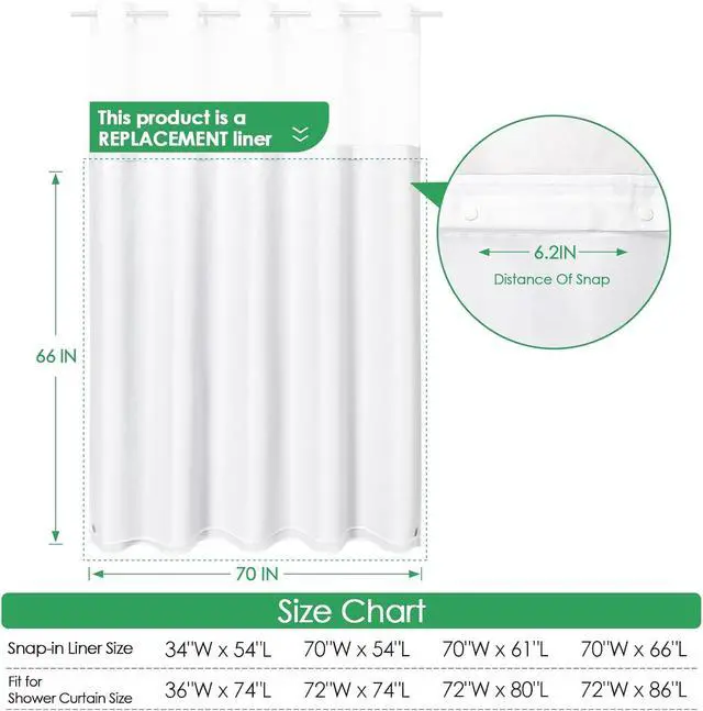 Alt view image 3 of 6 - Gibelle White Fabric Snap in Shower Curtain Liner Replacement Fitted for No Hook Shower Curtain, Water Repellent Liner for Bathroom 34x54 Inch 1 Pack
