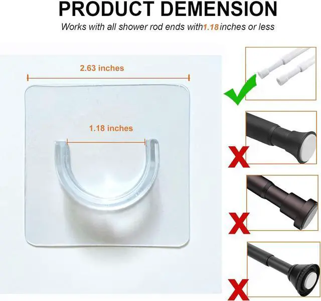 Alt view image 5 of 7 - Venupple Spring Tension Rod Holder, 8 Pack Shower Rod Holders 1.18 Inches | Small Transparent Shower Rod Bracket No Drilling, Adhesive Tension Curtain Rod Retainer Shower Curtain Rod Holder for Wall