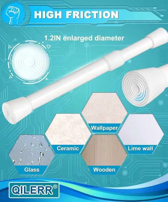 Alt view image 3 of 7 - Short Tension Rod 16 to 28 Inche Small Shower Curtain Rods No Drilling Adjustable Heavy Duty Extension Loaded Spring Tension Rod for Windows, Closets, Curtains, 7/8" Diameter, White