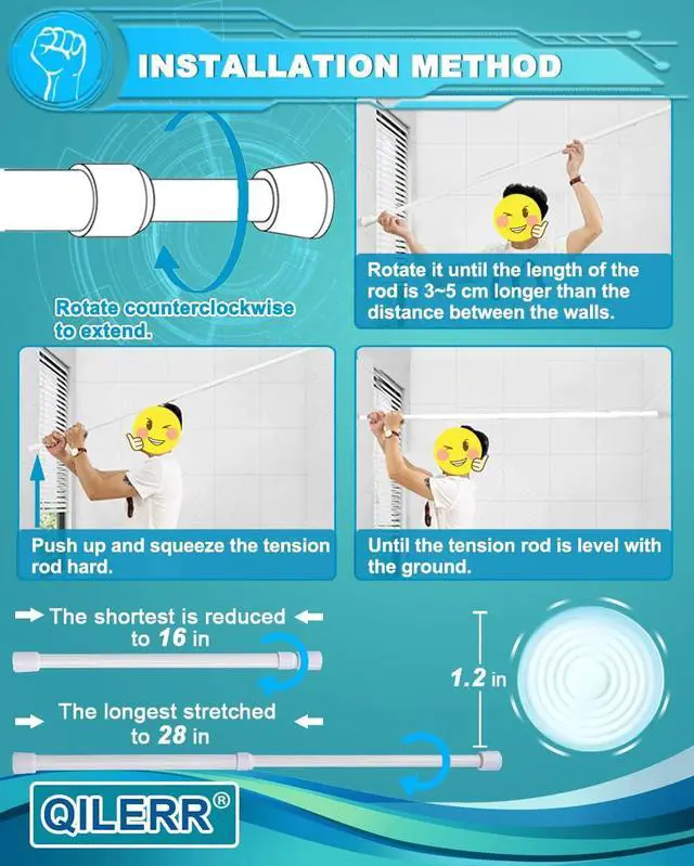 Alt view image 4 of 7 - Short Tension Rod 16 to 28 Inche Small Shower Curtain Rods No Drilling Adjustable Heavy Duty Extension Loaded Spring Tension Rod for Windows, Closets, Curtains, 7/8" Diameter, White